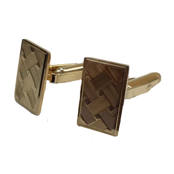 Vintage Bullet Back Cufflinks Goldtone Rectangle Etched 3/8 x 5/8" Pair - Picture 1 of 7
